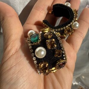 Glamorous Black & Gold Wide Cuff earrings with Emerald Crystals and Pearls